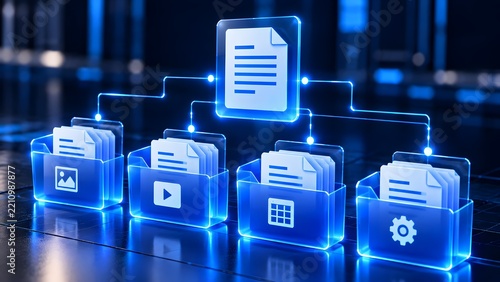 Digital file organization and workflow concept with glowing blue document icon splitting into multimedia folders
