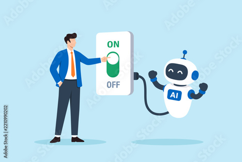 Flat illustration businessman operating AI agent with on off switch human control and Artificial Intelligence automation