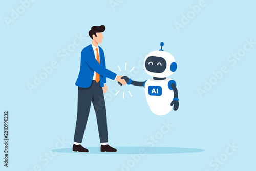 Flat illustration businessman shaking hands with AI assistant representing human collaboration and business partnership
