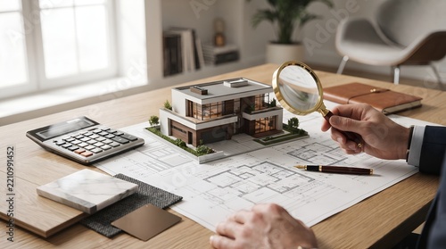 Architect Examining Modern House Model with Magnifying Glass