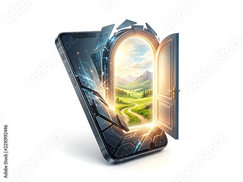 surreal smartphone transforming into an open doorway leading to a bright landscape, conceptual digital connection, clean commercial composition