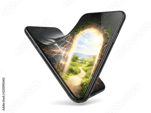 surreal smartphone transforming into an open doorway leading to a bright landscape, conceptual digital connection, clean commercial composition