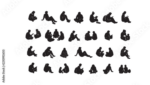 People Sitting on Floor Isometric Silhouette