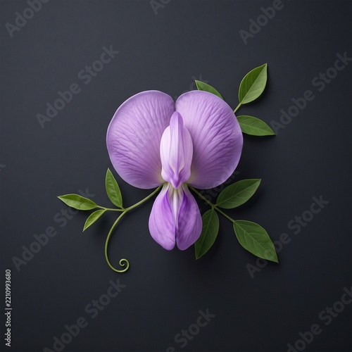 Purple Butterfly Pea Flower Illustration on Dark Background, Minimalist Botanical Floral Design Concept with Green Leaves