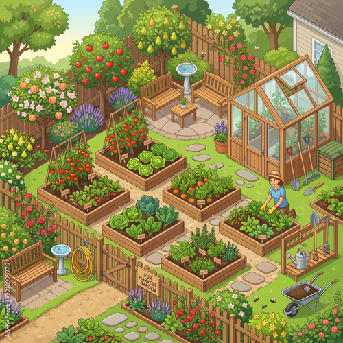 Backyard Vegetable Garden Raised Beds Greenhouse Isometric Vector Illustration
