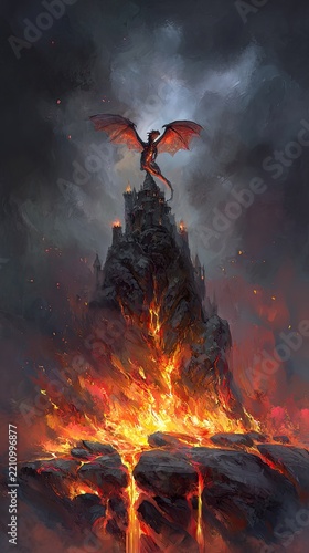 Dragon on volcanic mountaintop castle