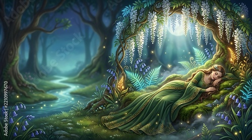 Dreamy Sleeping Woman in Enchanted Forest Under Moonlight