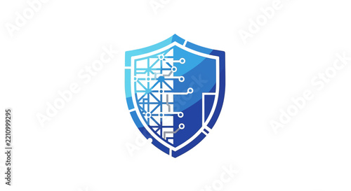 A blue shield with a digital circuit pattern, symbolizing cybersecurity and data protection.