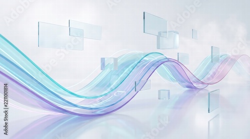 Abstract Technology Background with Flowing Translucent Glass Waves and Floating Digital Screens for Modern Corporate Presentation Concept