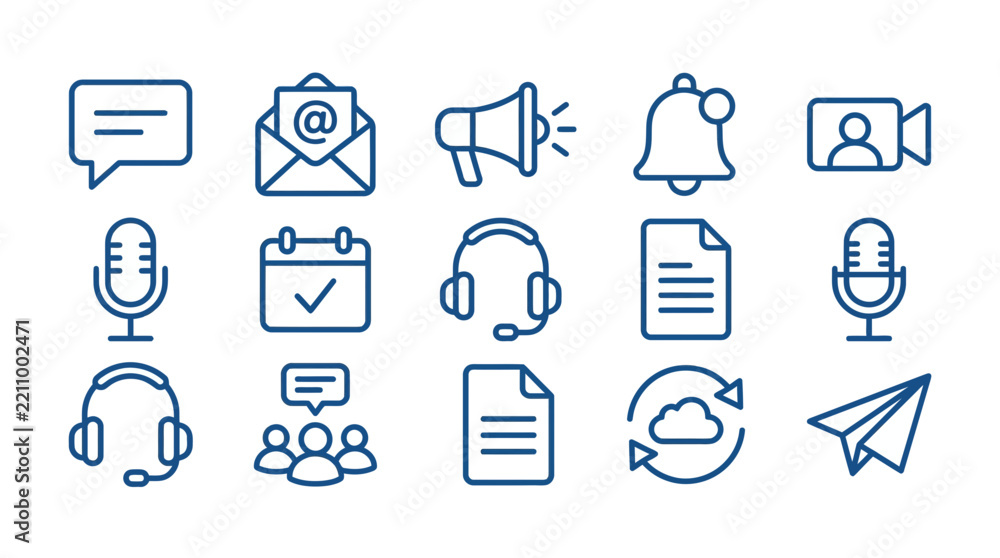 Fototapeta premium Communication Icons Set: Speech Bubble, Email, Megaphone, Bell, Video Call, Microphone, Calendar, Headphones, Document, Paper Plane