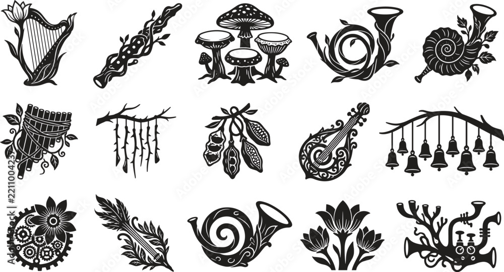 Obraz premium Fantasy musical instruments vector set featuring mystical harps mushroom drums horn vines hanging bells and steampunk gear trumpet silhouettes