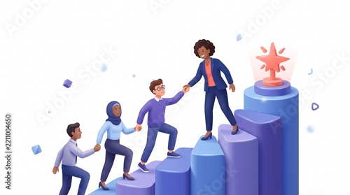 Business leadership concept with diverse team members helping each other climb up steps