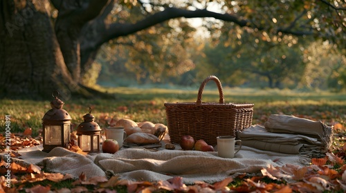 Cozy autumn picnic with wicker basket, mugs, apples, bread, and blankets on leaves under a large tree