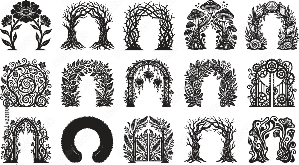 Obraz premium Fantasy garden arches and gates vector set featuring mystical tree roots botanical leaves mushrooms sea shells and steampunk gear silhouettes