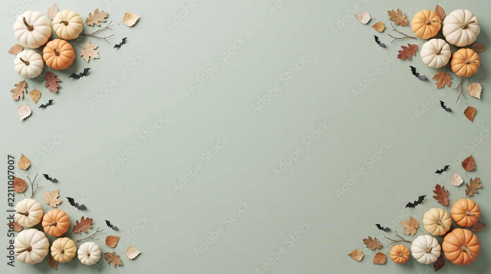 Obraz premium Halloween pumpkin border with autumn leaves and bats on a sage green background, festive flat lay frame with copy space for seasonal web design.