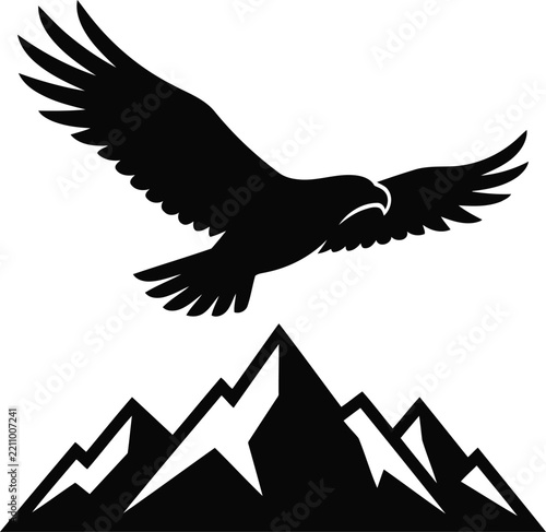Black silhouette of an eagle flying over high mountain peaks simple vector icon design