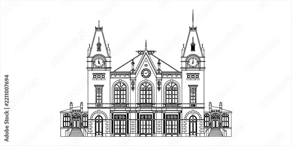 Obraz premium Old train station building with two clock towers in a classic architectural sketch style