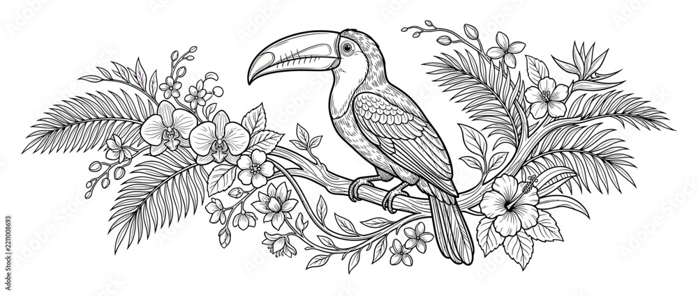 Obraz premium Exotic Toucan Bird Surrounded by Tropical Flowers and Leaves