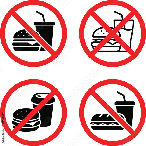 Set of no food and drink allowed signs with burger and soda icons