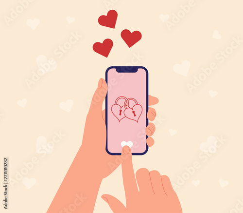 Hand holding smartphone with Valentines Day dating app screen. Romantic mobile application interface template.