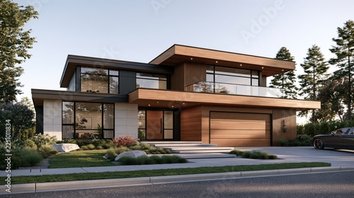A modern, two-story house with a wooden exterior and glass windows, situated in a suburban neighborhood with a lush green lawn and trees.