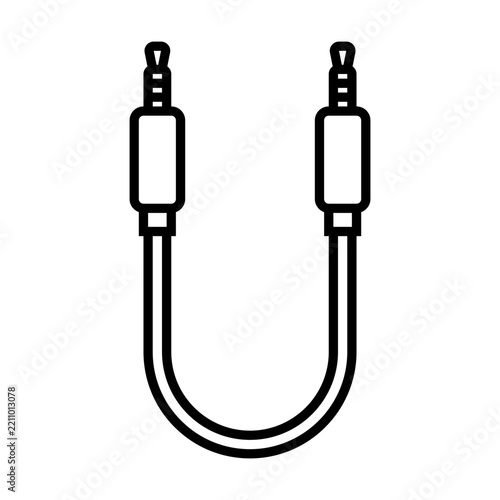Black and white line art of a stereo audio cable with dual male plug connectors. Suitable for techrelated designs or diagrams.