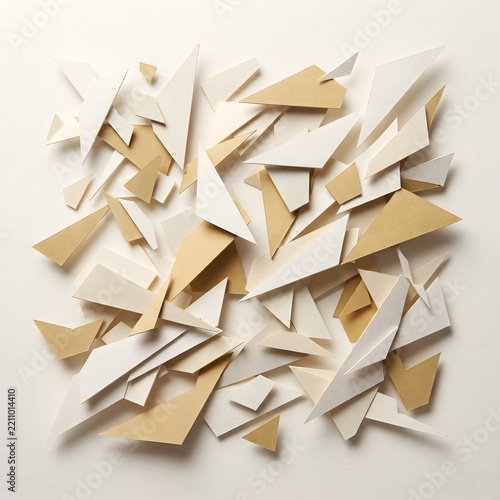 Abstract Geometric Paper Shapes Scattered on White Background with Soft Light
