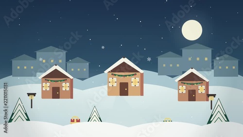 Winter village night scene repeating pattern illustration