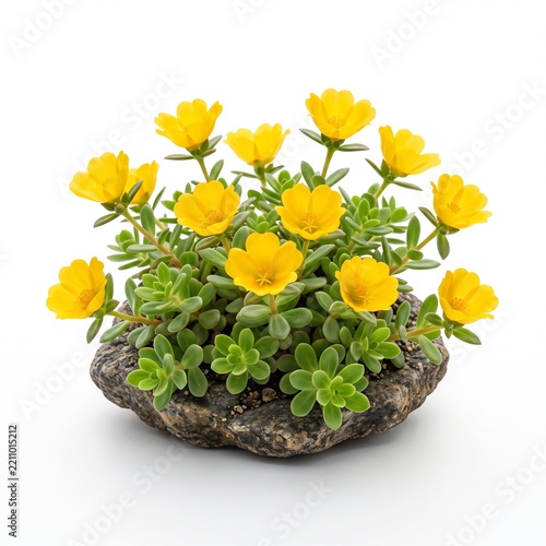 Yellow flowering succulent plant in natural stone planter pot isolated on white background