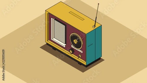 Retro radio animation with extending antenna and dynamic bass boom effect. Speaker vibrates with rhythmic sound waves, creating a stylish music broadcast concept with energetic audio visualization.