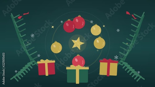Christmas holiday ornaments and gift boxes on dark background