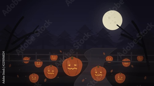 Halloween jack o lanterns glowing along a forest path at night