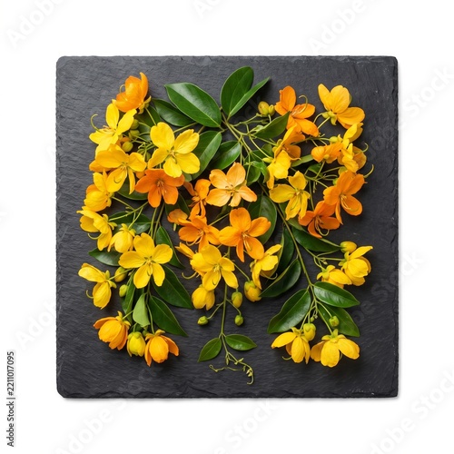 Yellow and orange spring flowers with green leaves arranged on black slate board isolated on white background flat lay top view