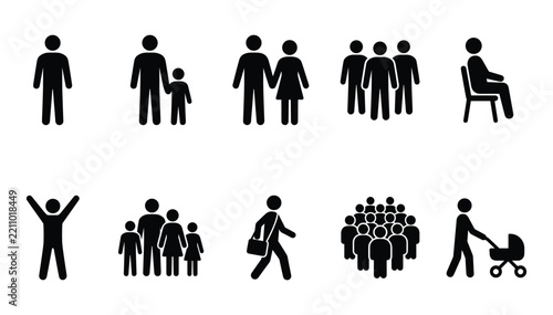 Obraz na plátně Minimalist people pictogram silhouette set featuring family figures crowd public