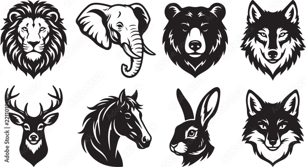 Obraz premium Set of eight black and white animal head icons featuring a lion, elephant, bear, wolf, deer, horse, rabbit, and fox on white background