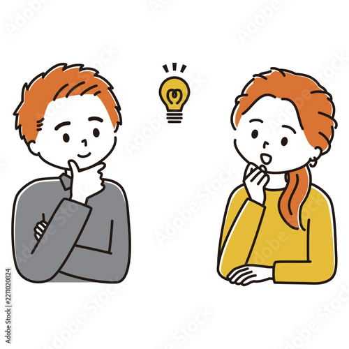 向かい合って考える男性と女性のイラスト　電球