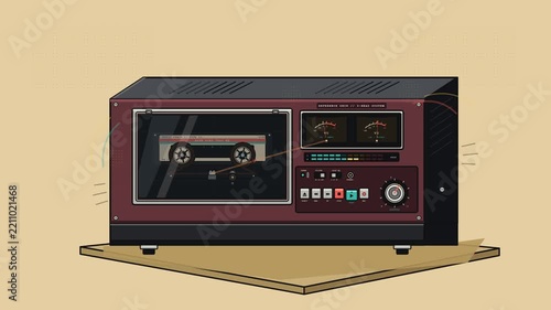 Premium cassette deck playing an analog music tape with rotating reels, mechanical transport, VU meters and dynamic audio signal visualization in a detailed isometric pop art vector style.