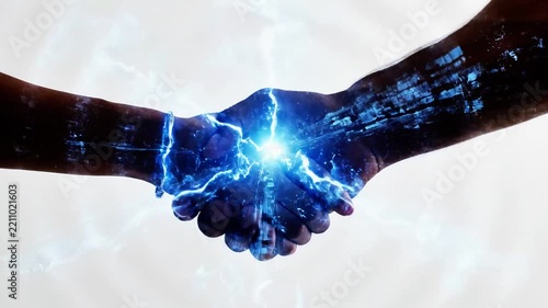 Silhouette handshake with glowing blue energy between hands
