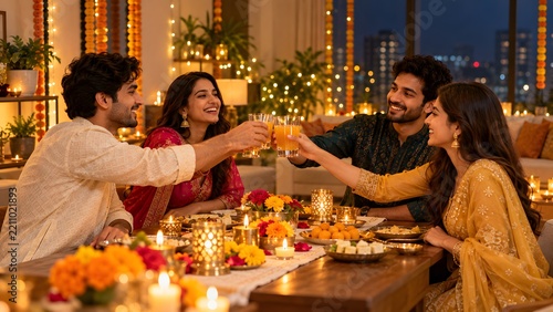 Group of happy Indian friends toasting drinks during Diwali dinner