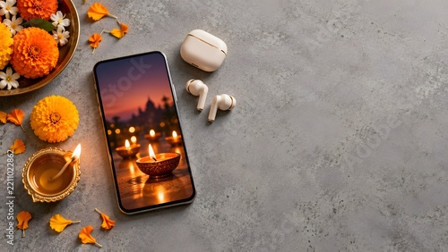 Diwali Celebration Flat Lay with Smartphone and Earbuds