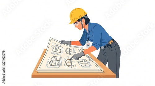 Female construction engineer or architect wearing a hard hat and safety glasses, examining and pointing at house blueprints on a wooden table, professional construction planning concept