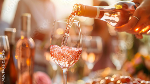 Pouring Rosé Wine Into Elegant Glass During Festive Dinner Celebration With Warm Lighting