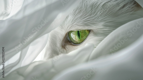 Mysterious Green Cat Eyes Peeking Through Soft White Fabric Closeup Portrait