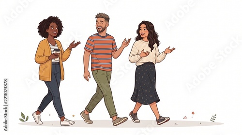 Three diverse young friends walking and talking together, smiling and laughing, casual lifestyle illustration isolated on white background