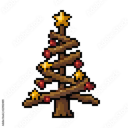 Retro Pixel Art Rustic Wooden Christmas Tree with Stars and Ornaments   
