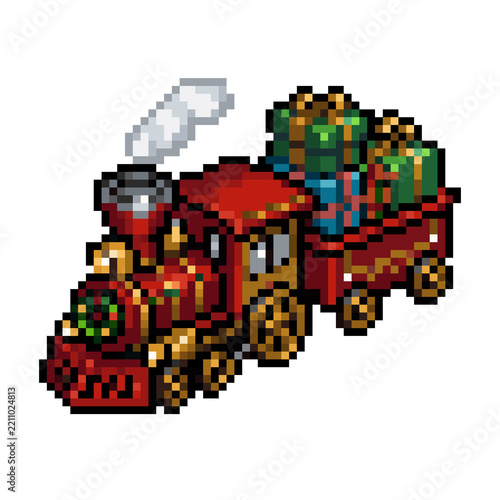 Retro Pixel Art Red Christmas Toy Steam Train Carrying Wrapped Gifts   