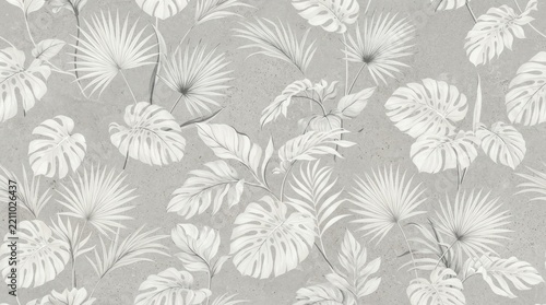 A seamless pattern featuring tropical palm and monstera leaves in shades of grey and white on a textured, light grey paper-like background surface