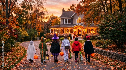 Kids in Halloween costumes walk along a tree-lined driveway towards a house decorated with lights at sunset