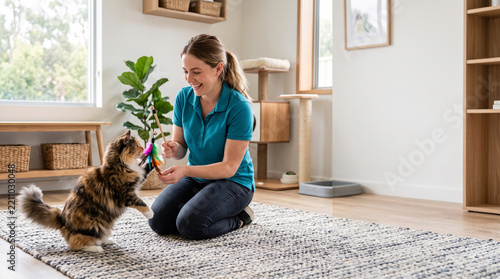 Happy woman engaging with her long-haired cat playing with a feather toy indoors
