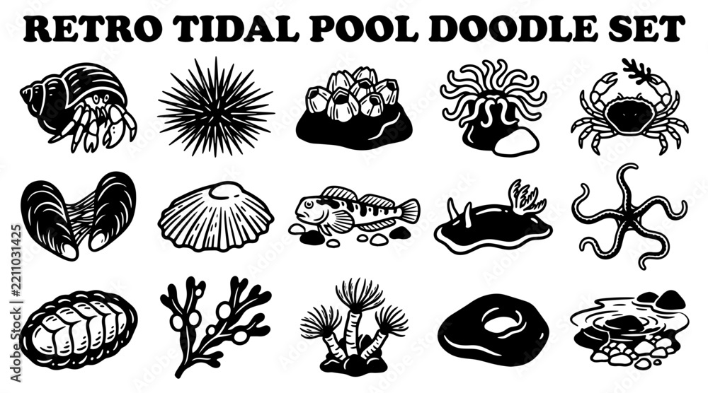 Obraz premium Retro tidal pool doodle set featuring marine life illustrations in black and white vector style